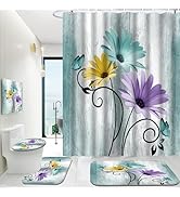 Onalasyc 4PCS Blue-Green Daisy Flowers Butterfly Shower Curtain Set with Shower Curtain and Carpe...