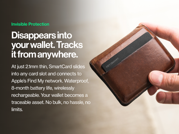 Text reads 'Invisible Protection', 'Disappears into your wallet. Tracks it from anywhere.' and 'All just 2mm thin. SmartCard puts into any card slot and connects to AirTag. Find My network. Waterproof. 8-month battery life, wireless rechargeable. Your wallet becomes a traceable asset. No bulk, no hassle, no limits.' Hand holding red slim card tracker device.