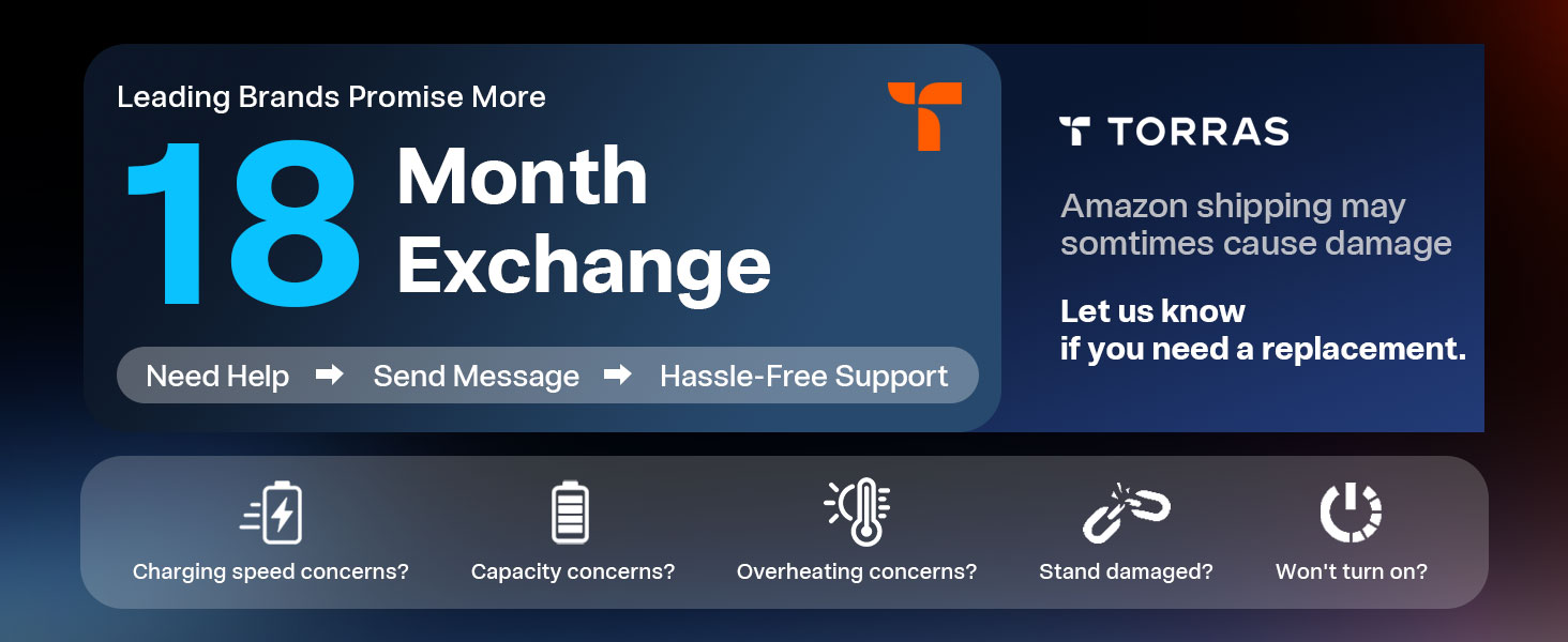 TORRAS 18-month Exchange covering charging speed capacity overheating and stand issues