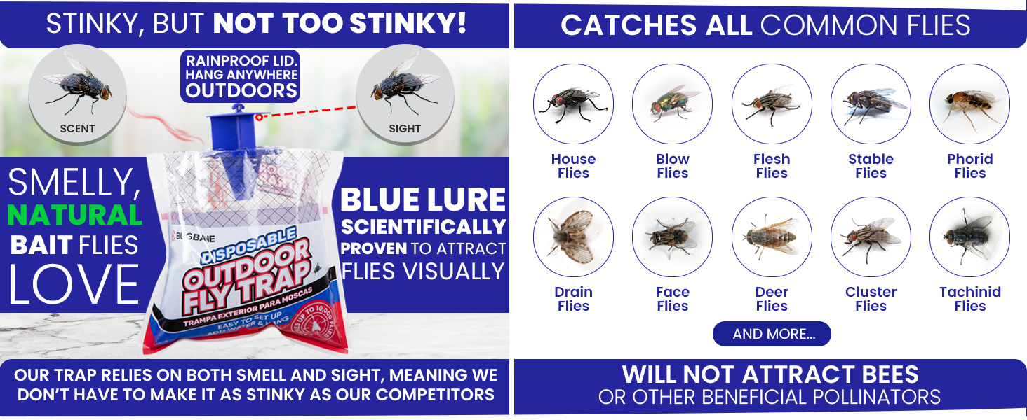 Fly trap bags attract flies via blue visual lure and natural scent lure. Fly catchers for outside