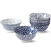 Selamica Blue and White Porcelain 20oz Cereal Bowl Set - Set of 6, 6 inch Soup Bowls, Ceramic bow...
