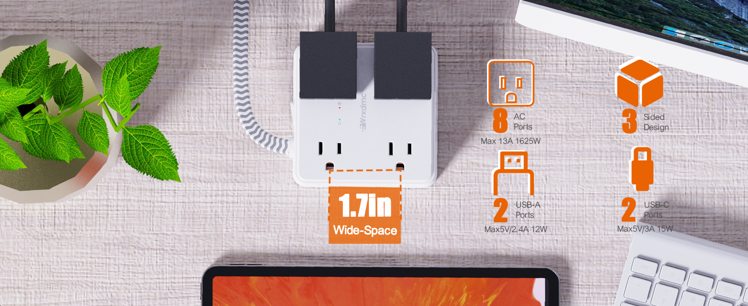 2 Prong Power Strip, WRXDMC 2 Prong to 3 Prong Outlet Adapter