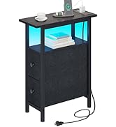 TRIFEBLE End Table with Charging Station, Narrow Side Table with 2 Fabric Drawers, Skinny Nightst...