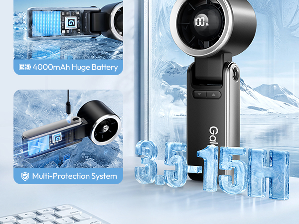 Text reads '4000mAh Huge Battery' and 'Multi-Protection System'. Black camera device shown against blue icy background with ice cube elements for dramatic product visualization.