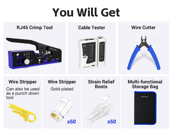 Network Tool Set with an Ethernet Crimper, Cable Tester, Wire Stripper and Cutter in Cloth Bag