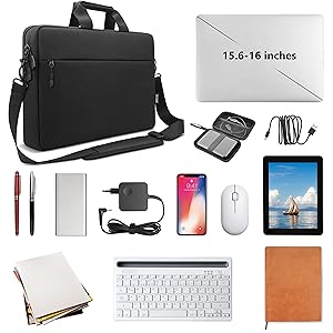 15.6-16 inch laptop accessory set including black shoulder bag, charger, mouse, keyboard, and various electronic devices.
