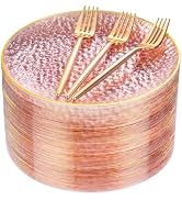 DaYammi 240Pcs Pink Plastic Plates Including 120Pcs Pink Dessert Plates and 120Pcs Gold Plastic F...