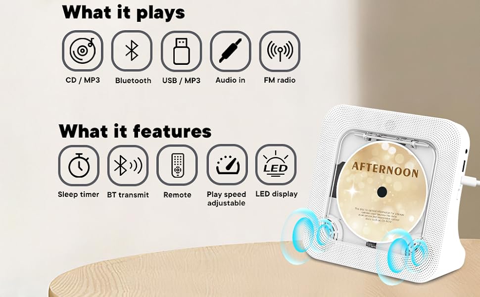 Text reads 'What it plays' with five icons showing compatibility features, and 'What it features' with five icons showing device functions. White portable device with light blue wheels visible on right side.