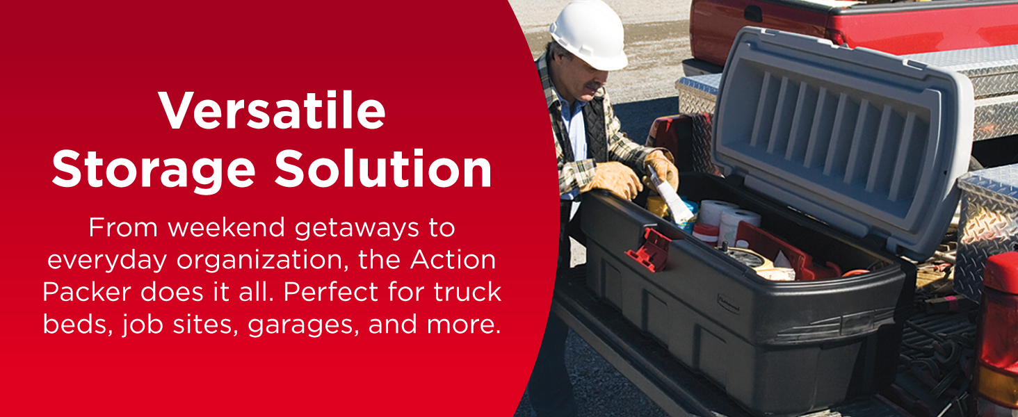 Image of storage container on back of truck with text reading versatile storage solution.