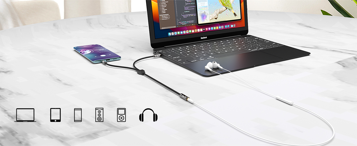 laptop, headphone, 3.5mm splitter, aux splitter 1 in 2 out, headphone splitter, audio splitter
