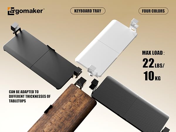 Text reads 'Image 2', 'gomaker', 'MAX LOAD: 22kg', 'KEYBOARD TRAY', 'FOUR COLORS'. Product images showing various angles of a black keyboard tray or platform with textured surface.