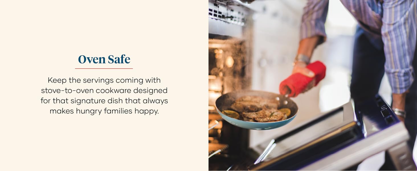 Farberware skillet going into the oven with food.