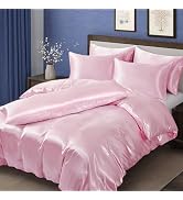 MILVOWOC 6 Pcs Blush Pink Satin Duvet Cover Full/Queen Size Set, Silky Bed Duvet Cover Luxury Sat...