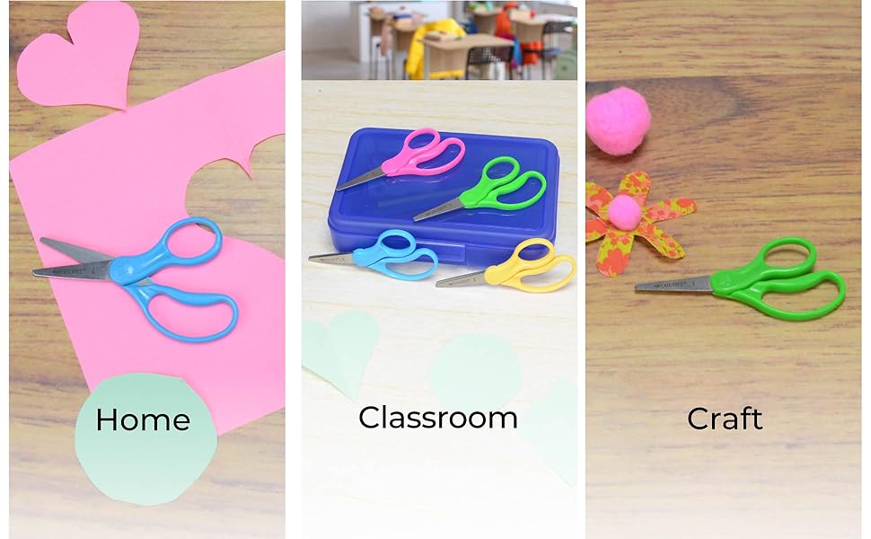 Image of scissors in multiple settings with text reading home classroom and craft.