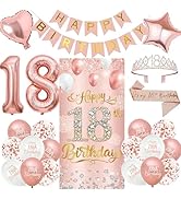 Roetyce 18th Birthday Decorations for Girls, Rose Gold Happy 18th Birthday Banner Sash &amp; Crown Ba...