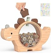 Summidate Wooden Dinosaur Piggy Bank for Kids, Cute Toddler Piggy Bank for Boys, Unbreakable Wood...