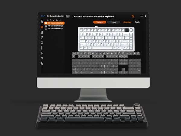 Computer monitor displaying keyboard customization software, with a compact mechanical keyboard in front. Software shows white and dark keyboard layouts for customization.