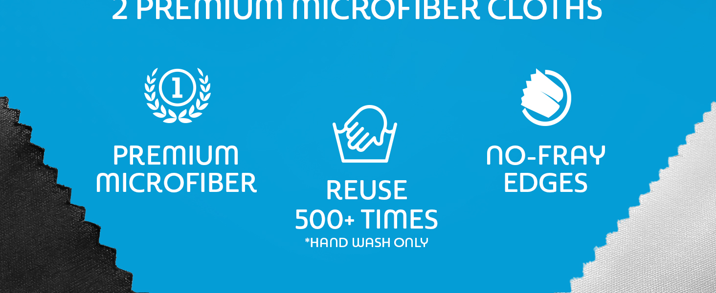 Premium Microfiber Cloths. Reuse 500 times. Non-Fray Edges