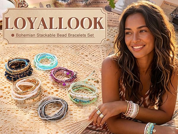 Bohemian Stackable Bead Bracelets for Women Stretch Bohemian Style Multilayered Boho Bracelet