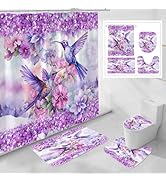 Litabel 4 Pcs Purple HummingBird Flower Shower Curtain Sets with Rugs for Bathroom Decor, Vintage...