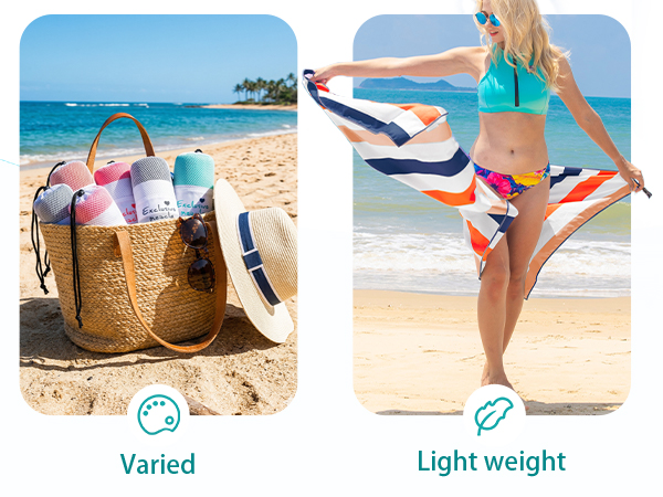 Text reads 'Varied', 'Light weight'. Beach scene showing woven tote bag and person performing aerial yoga with colorful fabric bands against ocean backdrop.