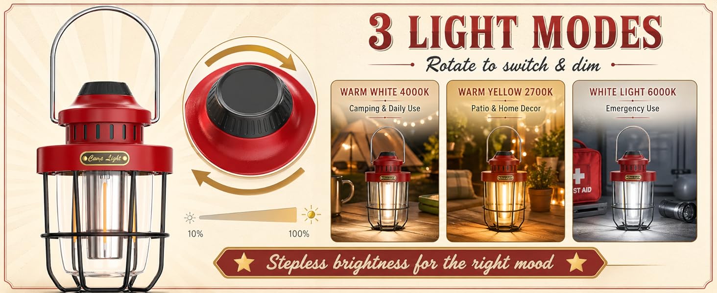 Stepless Dimmable Lantern with Knob Control, 3 Color Modes Rechargeable LED Camping Light.