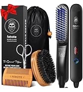 FEBOTE Innovation Beard&amp;Hair Straightener for Men w/Natural Boar Bristle Brush, Pear Wood Comb, M...