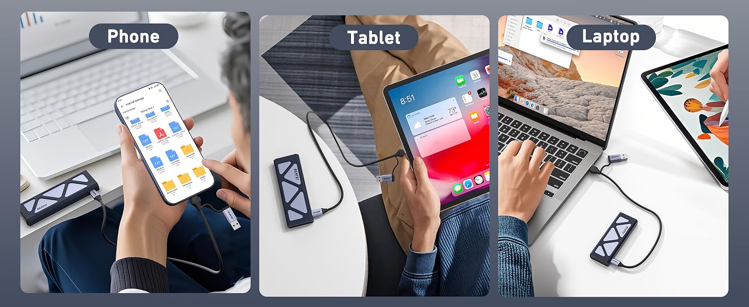 Composite image showing three panels: a smartphone with colorful app icons, a tablet displaying a vibrant interface, and hands typing on a laptop keyboard with a second device visible.