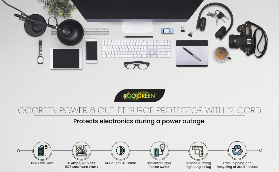 GoGreen Power GG-16103M-12 - 6 Outlet Surge Protector With 12ft Cord