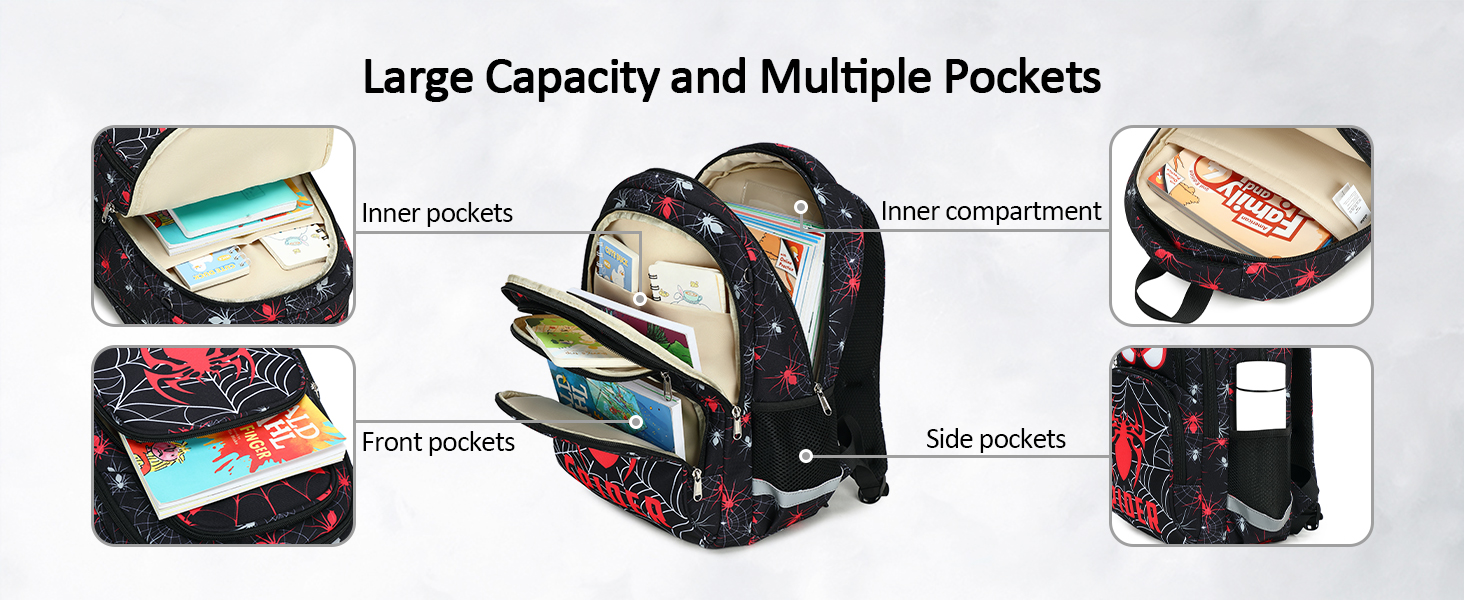 This backpack has a large capacity, with inner compartments, front pockets, and side pockets.