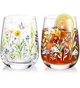 Ovveroche 2 Pcs Spring Stemless Wine Glasses 17oz Floral Butterfly Drinking Glasses for Graduatio...