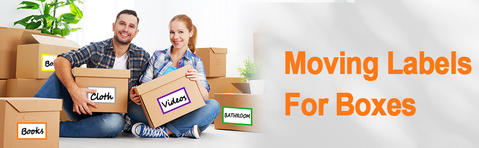 Adhesive labels for moving boxes, shown with people packing. Labels read 'Clothes', 'Kitchen', and 'Books'. Orange text states 'Moving Labels For Boxes'.