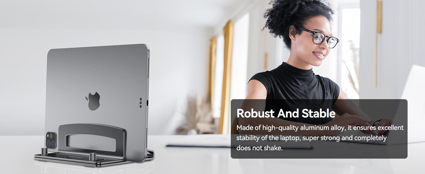 Aluminum laptop stand offers strong stability and stays completely wobble-free