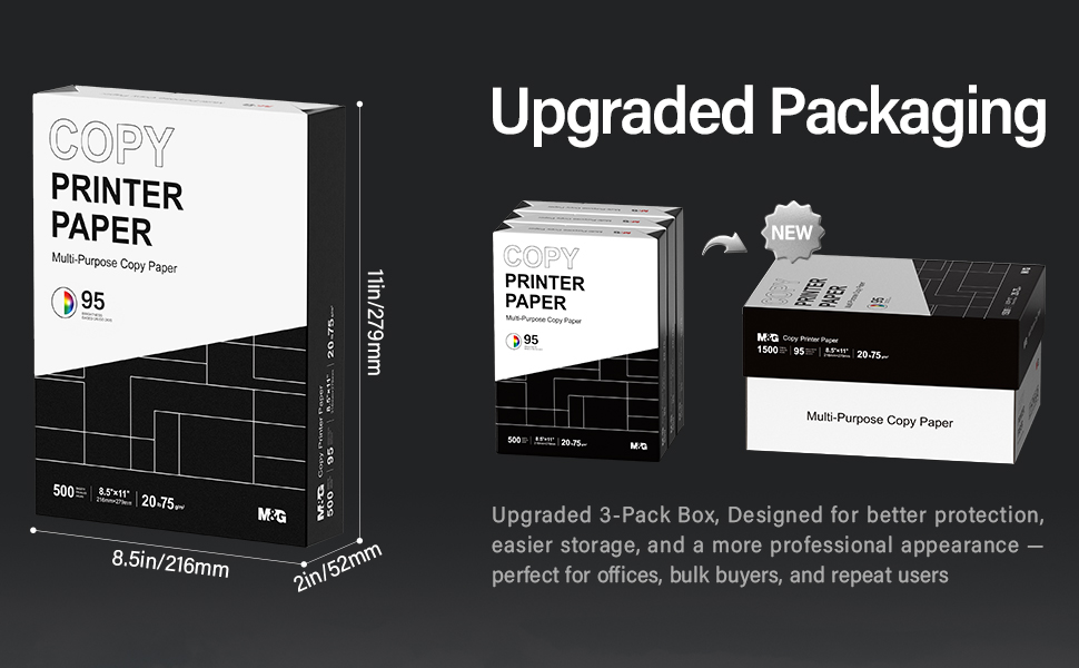 M&amp;amp;amp;G copy paper with upgraded packaging, 500 sheets single pack and 1500 sheets 3-pack box