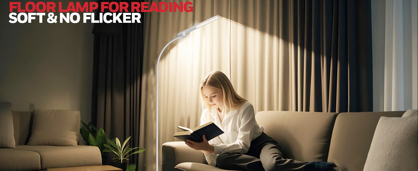 Reading lamp illuminating a person on a couch, highlighting 'Soft &amp; No Flicker' feature. Warm light focused on reader, creating a cozy atmosphere in a dimly lit room.