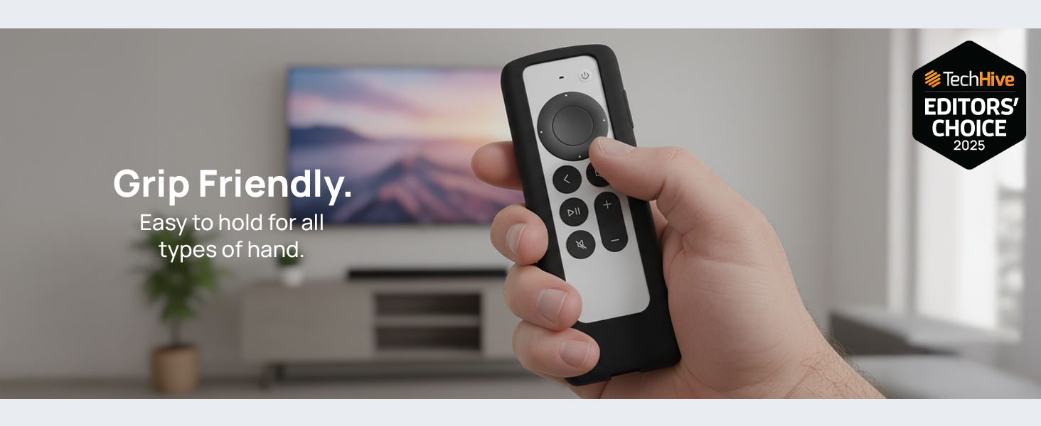 Hand holding Siri Remote with GripStand case, easy to grip and use in living room setting