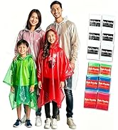12-Pack Kids / Family Disposable Rain Ponchos with Hood, One Size Waterproof Lightweight Poncho f...