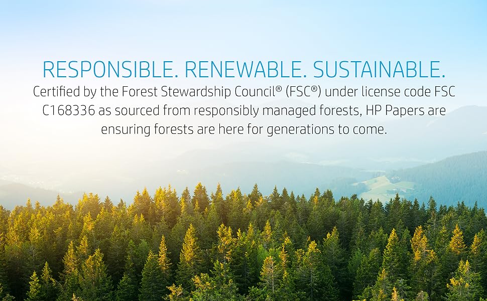Responsible, Renewable, Sustainable, FSC Certified, image of forest