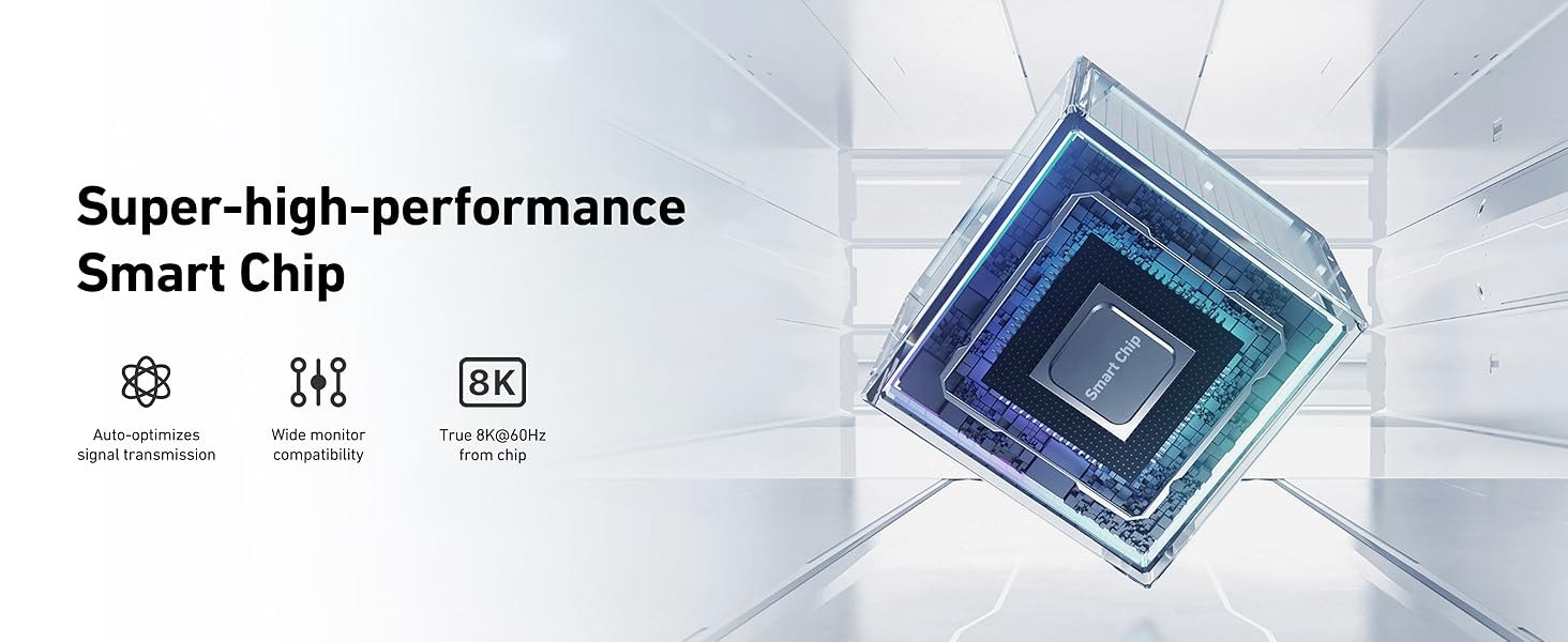 Close-up of a computer processor chip with geometric patterns and 'Super-high-performance Smart Chip' text overlay with technical icons.