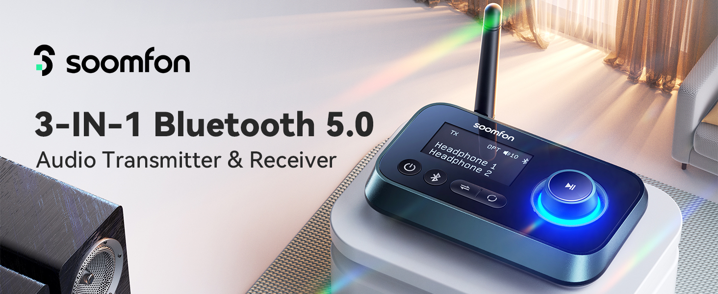 Text reads 'soonfon' and '2-IN-1 Bluetooth 5.0'. Blue illuminated electronic device shown from multiple angles with USB connector visible.