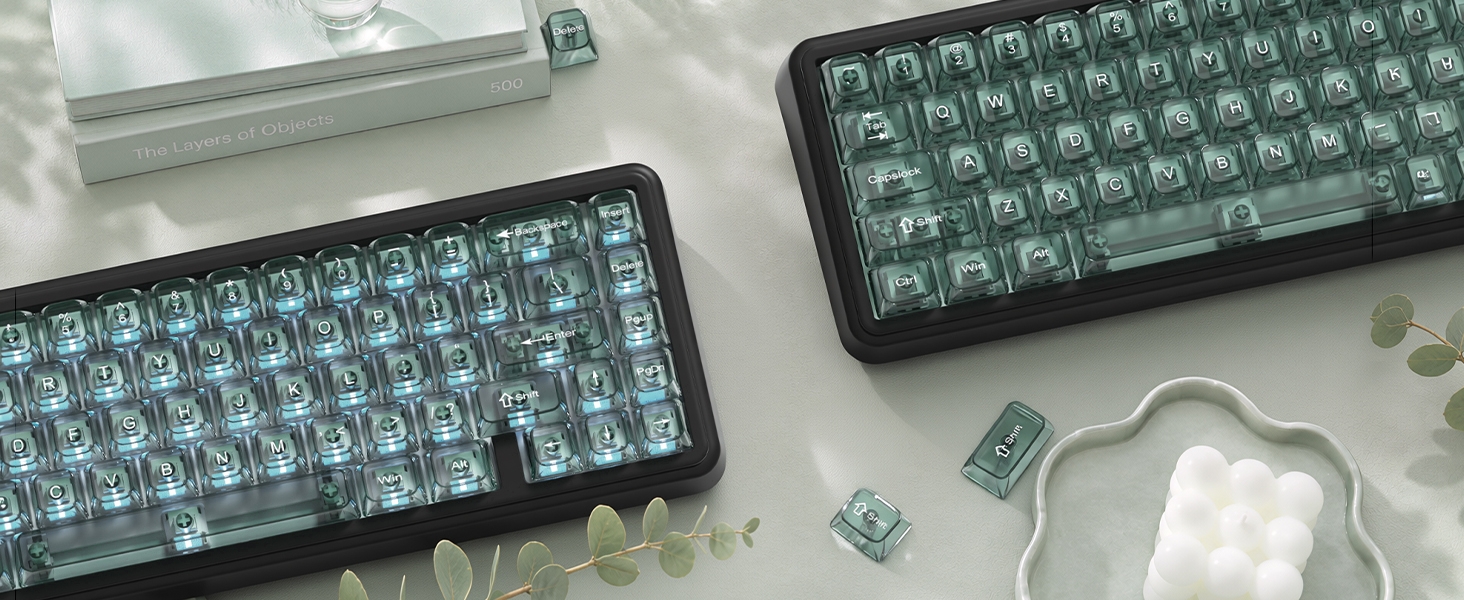 Green Clear keycaps,Transparent Keyboard keycaps,Jelly Key caps Set,Shine Through keycap