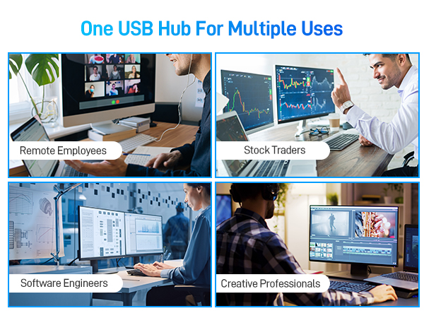 Four-panel marketing image showing USB hub usage scenarios with professionals working at computers, including remote employees, stock traders, software engineers, and creative professionals.