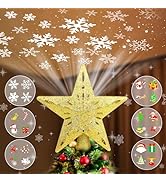 Christmas Tree Topper Projector Lights with 6 Projection Modes, Gold Star Christmas Tree Topper w...