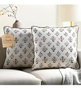 CPC 100% Cotton Throw Pillow Covers 20x20 Inch, Set of 2 Green Block Print Pattern Couch Pillow, ...