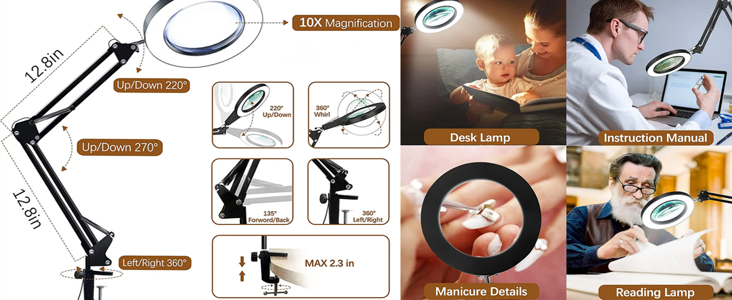Magnifying Glass with Light,Magnifier with Stand Clamp,LED Desk Lamp