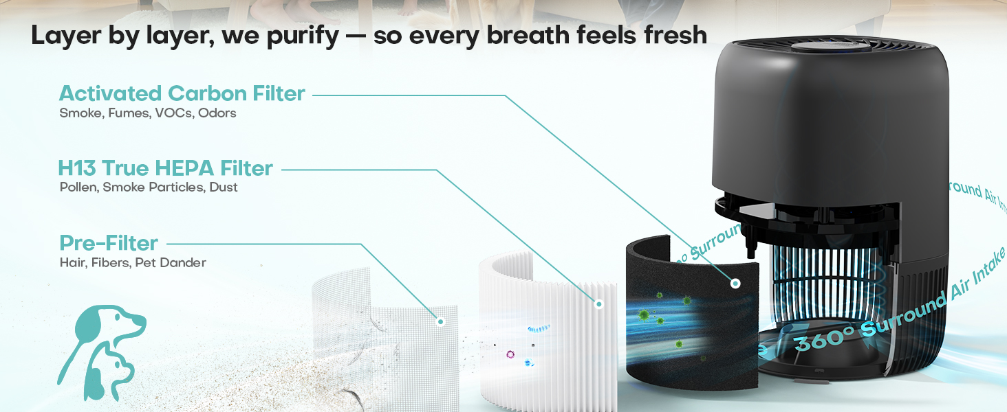 Air Purifiers Home H13 True HEPA Filter 1076 Ft² Pet Hair Odors Pollen Smoke Aroma Quiet 360°Intake