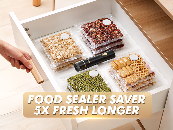 Vacuum sealed snacks and beans stored in drawer with handheld sealer keeping food fresh longer