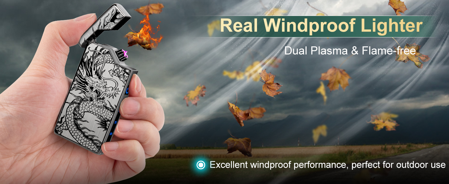 Text reads 'Real Windproof Lighter' and 'Dual Plasma &amp; Flame Tips'. Dragon-themed metallic lighter demonstrated with flame effects against dark background.