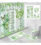 Litabel 4 Pcs Green Butterfly Inspirational Quotes Shower Curtain Set with Rugs and Toilet Lid Co...