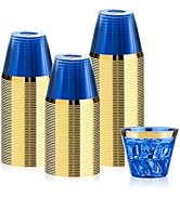 Bestluck 100 Pack 9 oz Blue Plastic Cups, Clear Disposable Cups with Gold Rim, Plastic Cocktail G...
